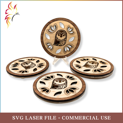 SVG  Owl Coasters, Laser cut file, wood/acrylic