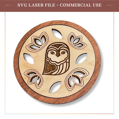 SVG  Owl Coasters, Laser cut file, wood/acrylic