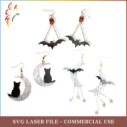 SVG Digital File Bundle, Moon &  Bat Earrings