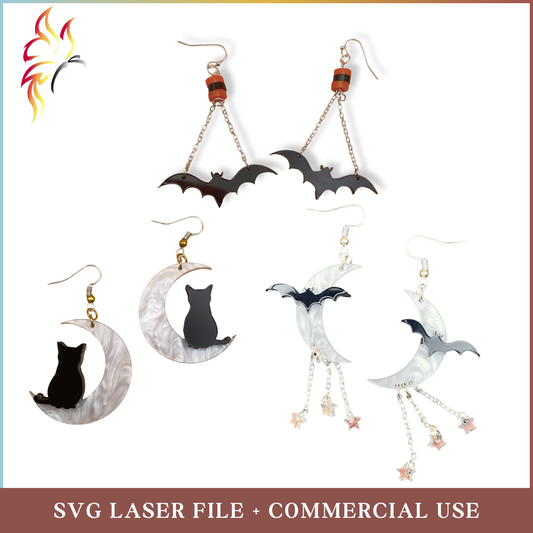 SVG Digital File Bundle, Moon &  Bat Earrings